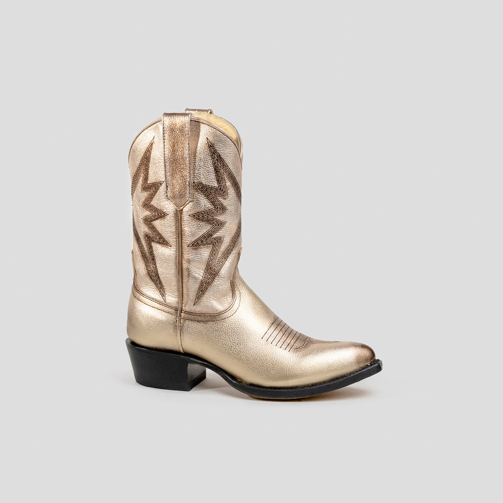 Botas vaqueras Sabinero para mujer con tacón bajo de color metal dorado, Sabinero cowboy boots for women with low heel in gold metal color