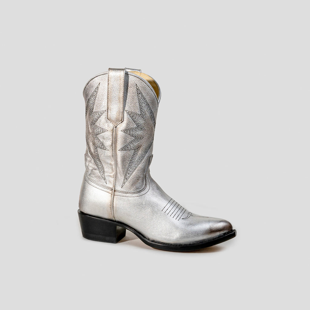 Botas vaqueras Sabinero para mujer con tacón bajo de color plateado, Sabinero cowboy boots for women with low heel in silver color